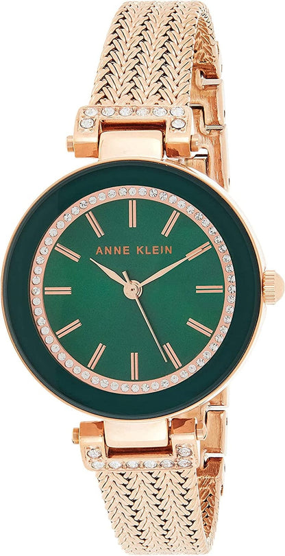Anne Klein Women'S Premium Crystal Accented Mesh Bracelet Watch Rose Gold/Green