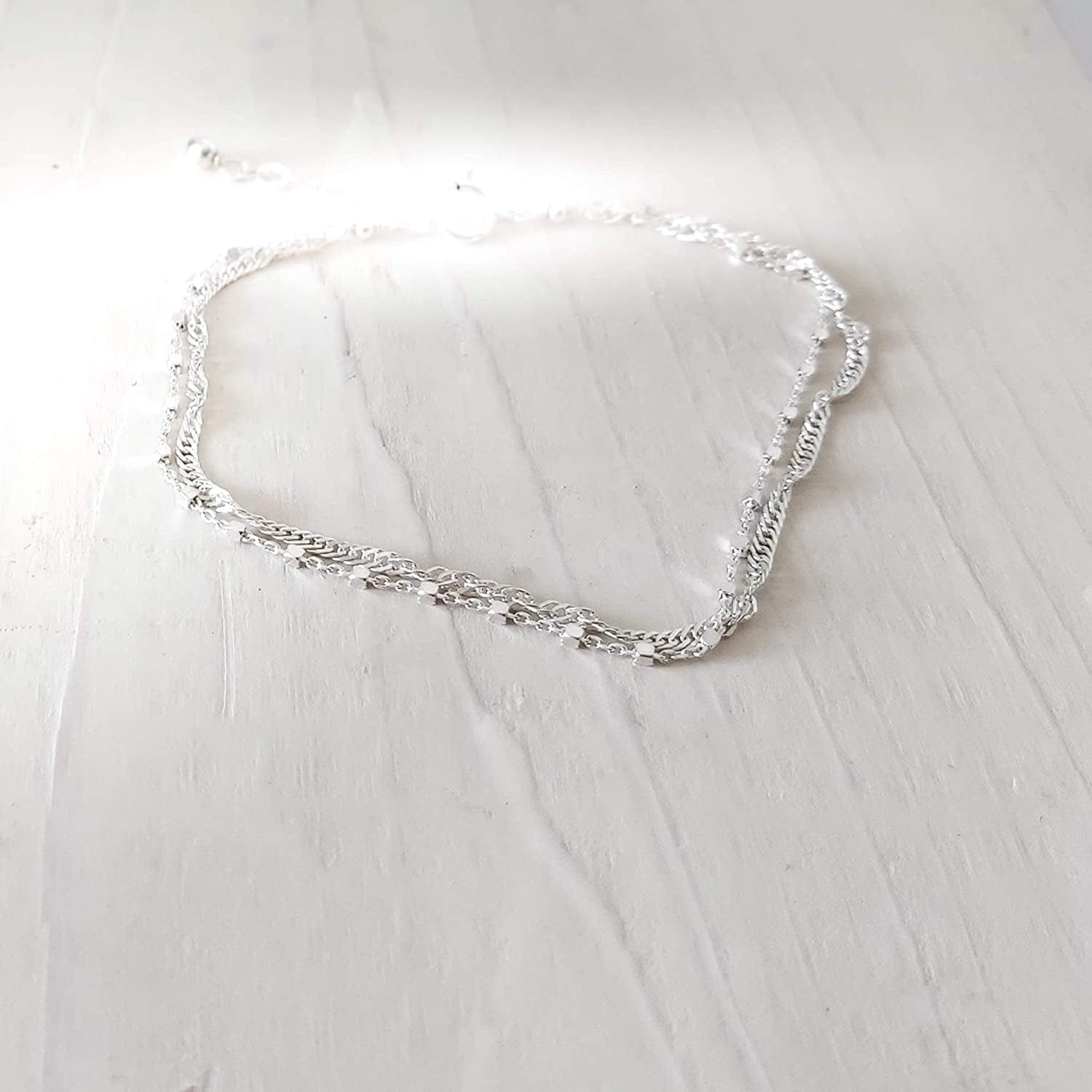 Annika Bella Double Layered Sterling Silver Bracelet, Length 6.5-7.5 Inches, Stranded Satellite Chain Bracelets for Women, Waterproof, Minimalist 925 Women'S Bracelet (Twirl and Satellite Chains) Apparel & Accessories > Jewelry > Bracelets Annika Bella LTD   