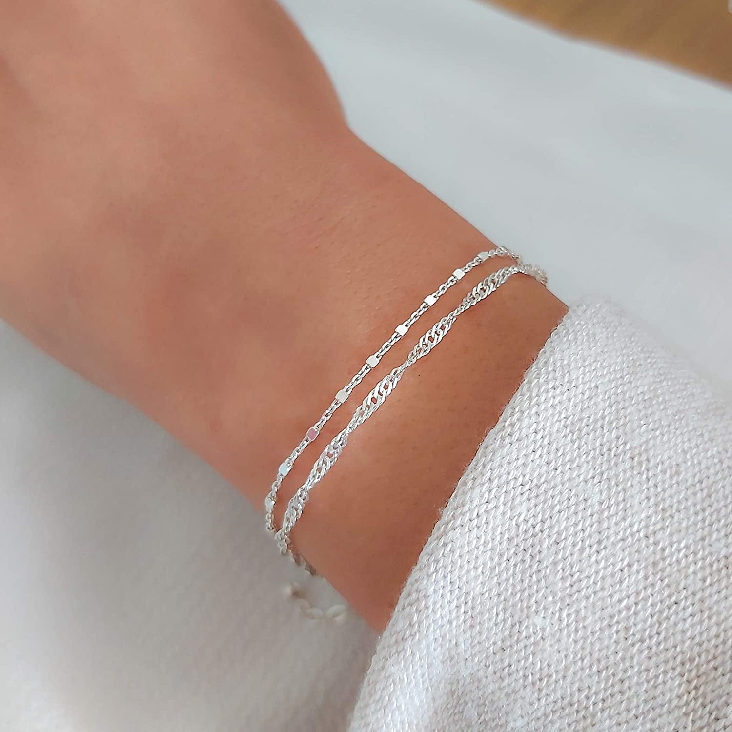 Annika Bella Double Layered Sterling Silver Bracelet, Length 6.5-7.5 Inches, Stranded Satellite Chain Bracelets for Women, Waterproof, Minimalist 925 Women'S Bracelet (Twirl and Satellite Chains) Apparel & Accessories > Jewelry > Bracelets Annika Bella LTD   