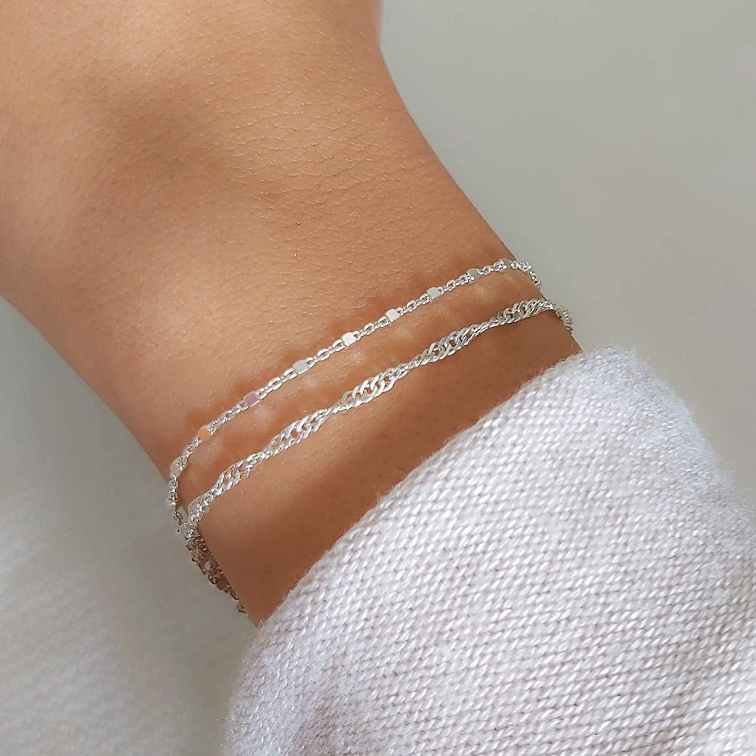 Annika Bella Double Layered Sterling Silver Bracelet, Length 6.5-7.5 Inches, Stranded Satellite Chain Bracelets for Women, Waterproof, Minimalist 925 Women'S Bracelet (Twirl and Satellite Chains) Apparel & Accessories > Jewelry > Bracelets Annika Bella LTD   