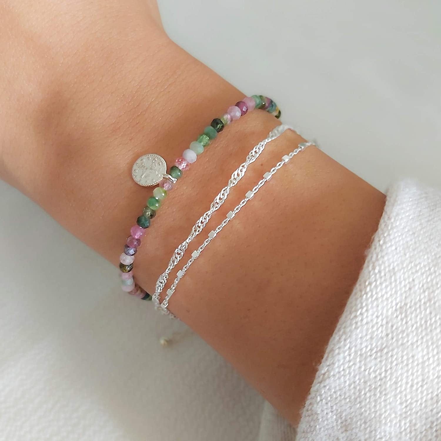 Annika Bella Double Layered Sterling Silver Bracelet, Length 6.5-7.5 Inches, Stranded Satellite Chain Bracelets for Women, Waterproof, Minimalist 925 Women'S Bracelet (Twirl and Satellite Chains) Apparel & Accessories > Jewelry > Bracelets Annika Bella LTD   