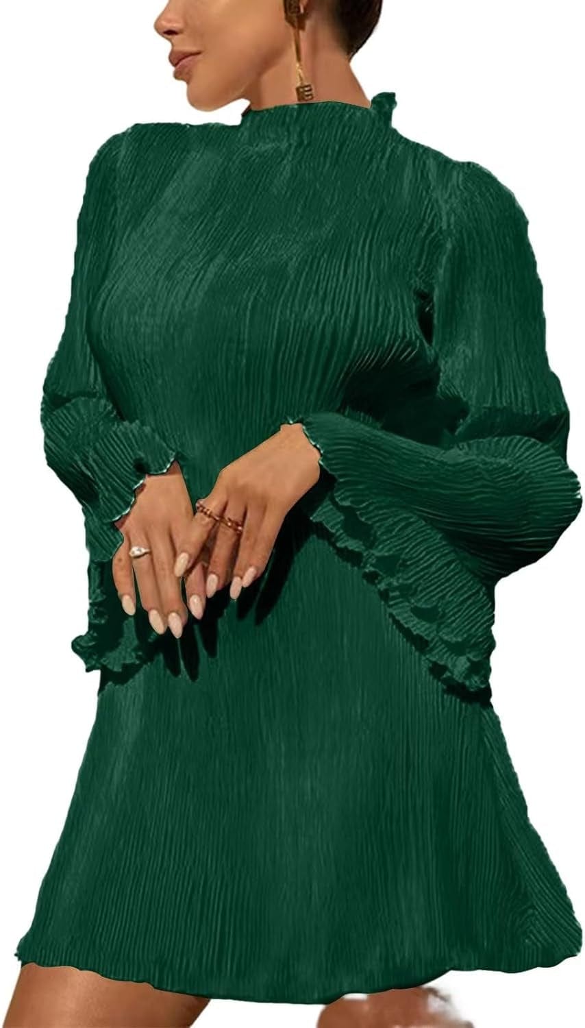 Annystore Women'S Bell Long Sleeve Pleated Mini Dress Casual Mock Neck Ruffle A-Line Short Dresses Cocktail Party Clubwear Green / Small