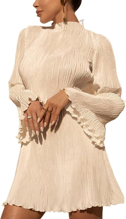 Annystore Women'S Bell Long Sleeve Pleated Mini Dress Casual Mock Neck Ruffle A-Line Short Dresses Cocktail Party Clubwear Apricot / Small