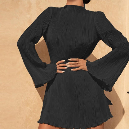 Annystore Women'S Bell Long Sleeve Pleated Mini Dress Casual Mock Neck Ruffle A-Line Short Dresses Cocktail Party Clubwear