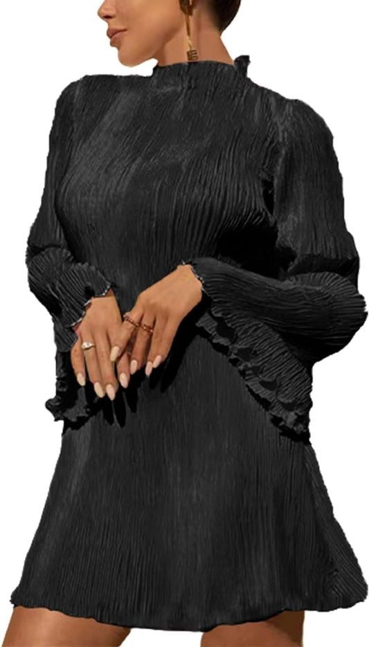 Annystore Women'S Bell Long Sleeve Pleated Mini Dress Casual Mock Neck Ruffle A-Line Short Dresses Cocktail Party Clubwear