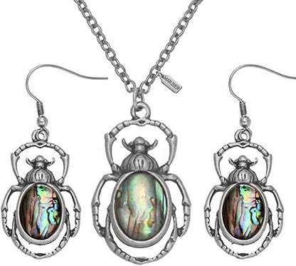 Antique Bronze Abalone Shell Bug Wildlife Necklace Scarab Earring Woodland Animal Jewelry Set Antique silver-set