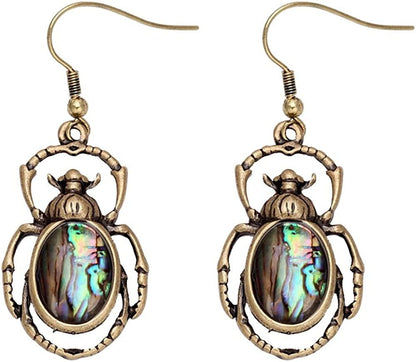 Antique Bronze Abalone Shell Bug Wildlife Necklace Scarab Earring Woodland Animal Jewelry Set Earrings