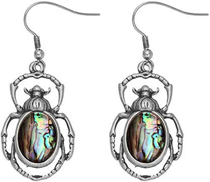 Antique Bronze Abalone Shell Bug Wildlife Necklace Scarab Earring Woodland Animal Jewelry Set Antique silver-earrings