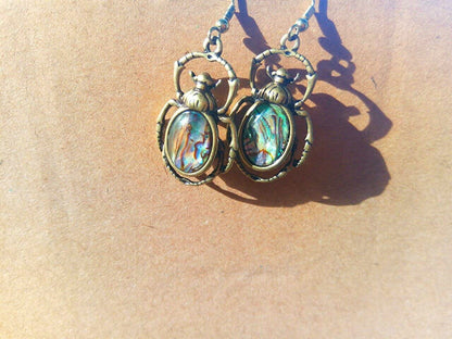 Antique Bronze Abalone Shell Bug Wildlife Necklace Scarab Earring Woodland Animal Jewelry Set