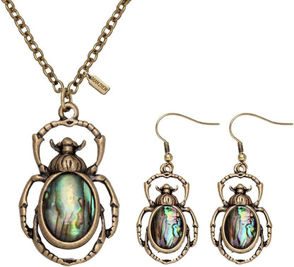 Antique Bronze Abalone Shell Bug Wildlife Necklace Scarab Earring Woodland Animal Jewelry Set Set