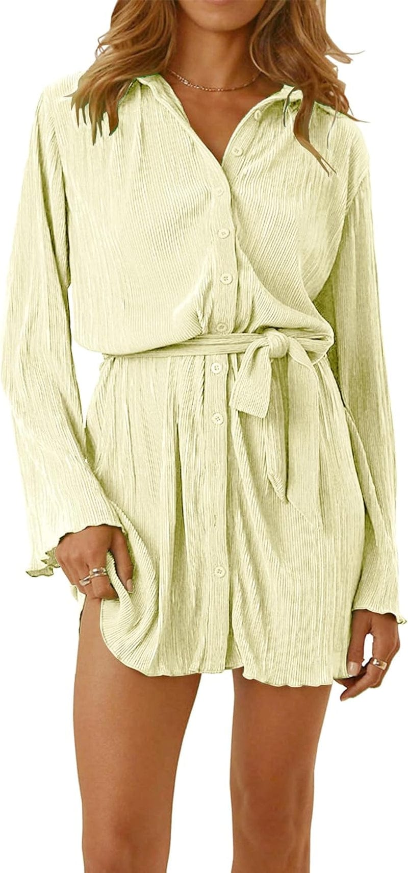 Anytree Womens Pleated Dress Long Sleeve Button down Casual Mini Shirt Dresses with Belt and Pockets Vintage Streetwear AD1 Beige With Pockets / Small