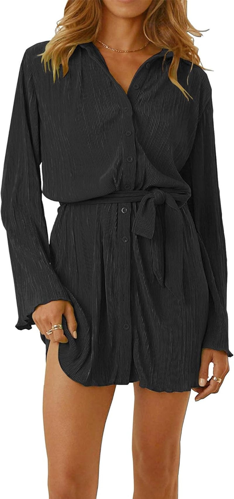 Anytree Womens Pleated Dress Long Sleeve Button down Casual Mini Shirt Dresses with Belt and Pockets Vintage Streetwear AD1 Black With Pockets / Medium