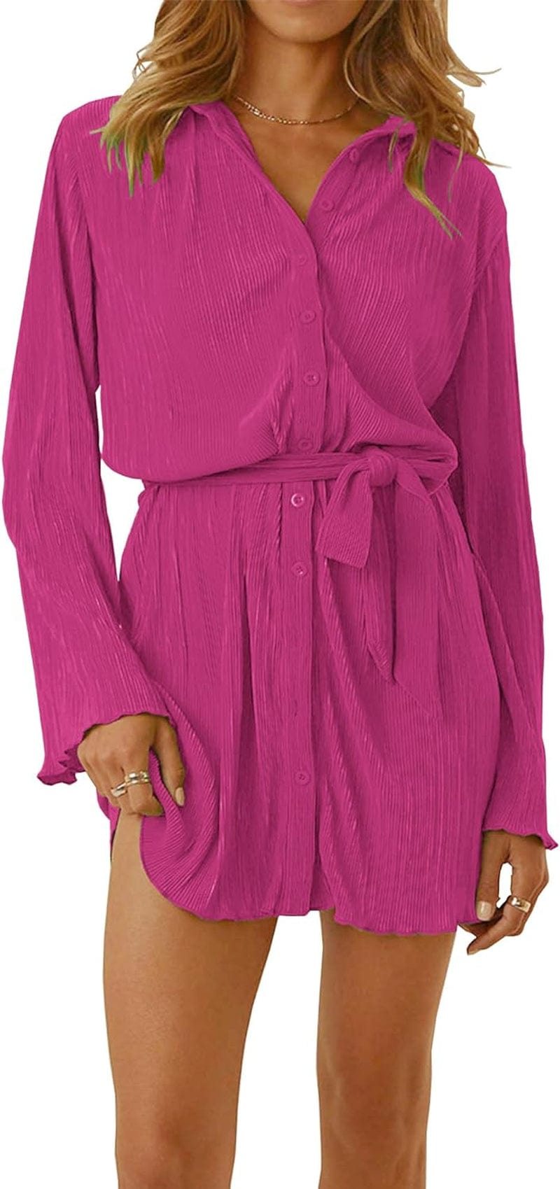 Anytree Womens Pleated Dress Long Sleeve Button down Casual Mini Shirt Dresses with Belt and Pockets Vintage Streetwear AD1 1-Rose With Pockets / X-Large