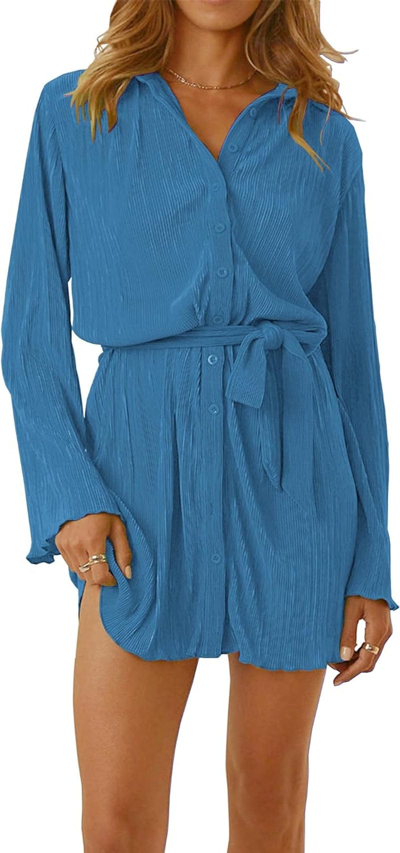 Anytree Womens Pleated Dress Long Sleeve Button down Casual Mini Shirt Dresses with Belt and Pockets Vintage Streetwear AD1 Lake Blue With Pockets / Xx-Large