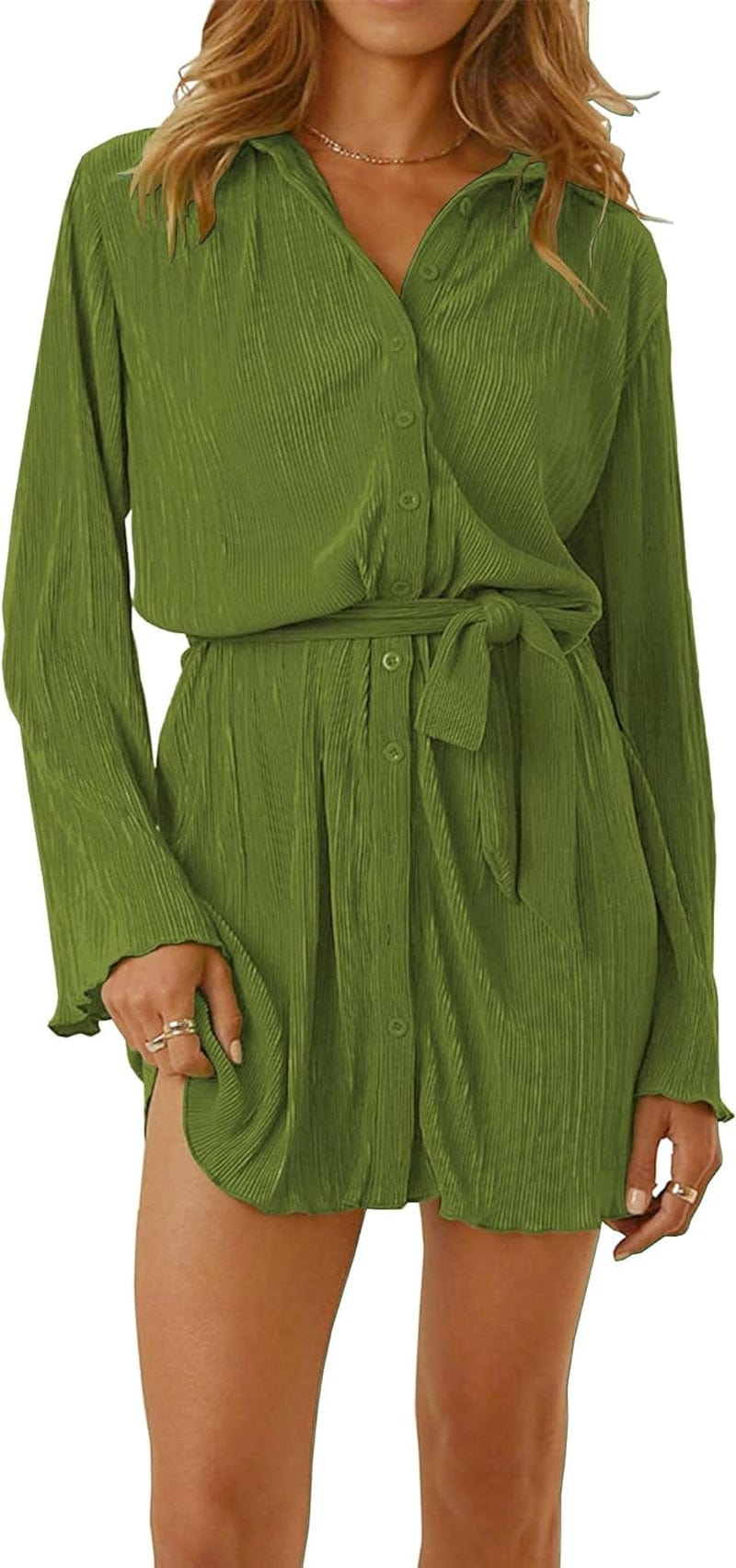 Anytree Womens Pleated Dress Long Sleeve Button down Casual Mini Shirt Dresses with Belt and Pockets Vintage Streetwear AD1 Lemon Green With Pockets / Small