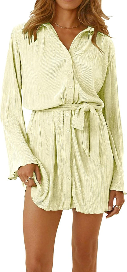 Anytree Womens Pleated Dress Long Sleeve Button down Casual Mini Shirt Dresses with Belt and Pockets Vintage Streetwear AD1 Beige With Pockets / Xx-Large