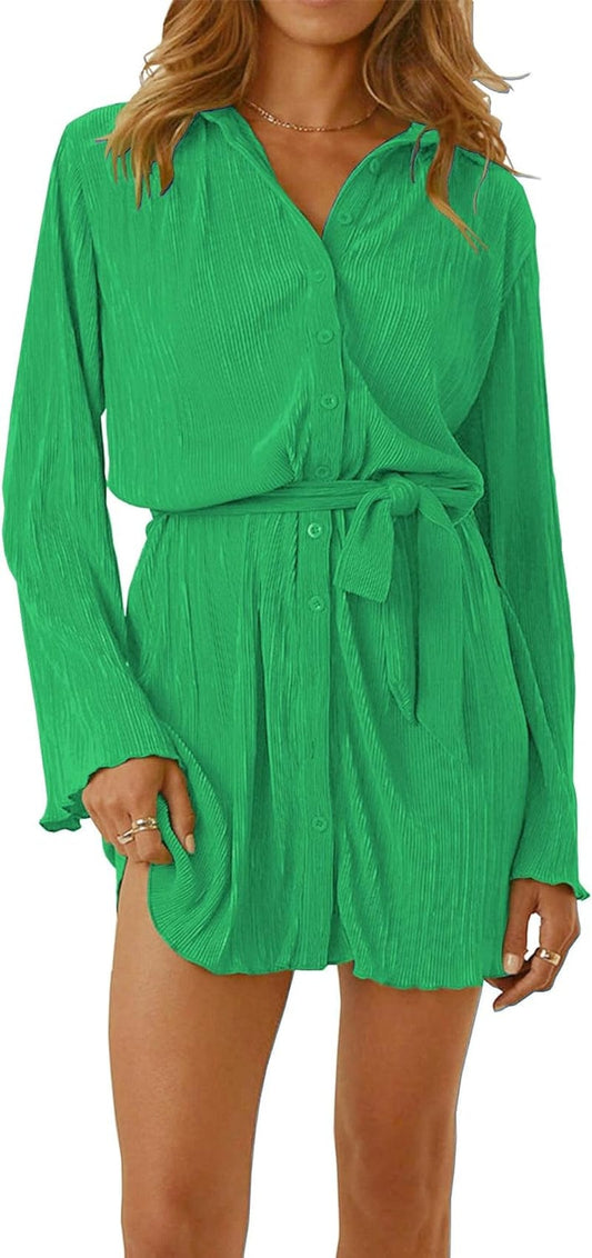 Anytree Womens Pleated Dress Long Sleeve Button down Casual Mini Shirt Dresses with Belt and Pockets Vintage Streetwear AD1