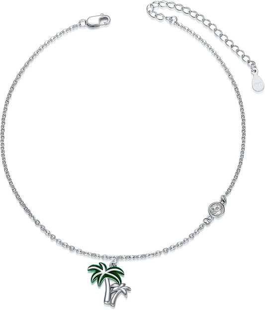 AOBOCO Boho Starfish Turtle Palm Tree Anklets for Women 925 Sterling Silver Adjustable Foot Ocean Beach Ankle Bracelet for Summer, Made with Austrian Crystals Apparel & Accessories > Jewelry > Anklets AOBOCO 03_Palm Tree  