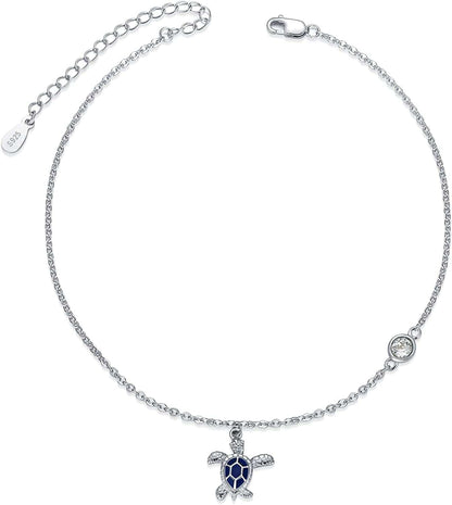 AOBOCO Boho Starfish Turtle Palm Tree Anklets for Women 925 Sterling Silver Adjustable Foot Ocean Beach Ankle Bracelet for Summer, Made with Austrian Crystals Apparel & Accessories > Jewelry > Anklets AOBOCO 02_Turtle  