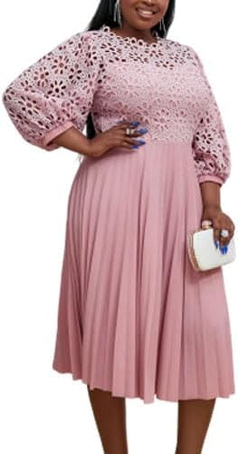 AOMEI Women'S White Hollow Out Lace Patchwork Pleated A-Line Dress with Belt … Pink / Xx-Large