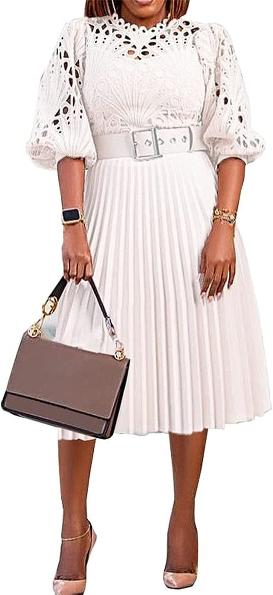AOMEI Women'S White Hollow Out Lace Patchwork Pleated A-Line Dress with Belt …