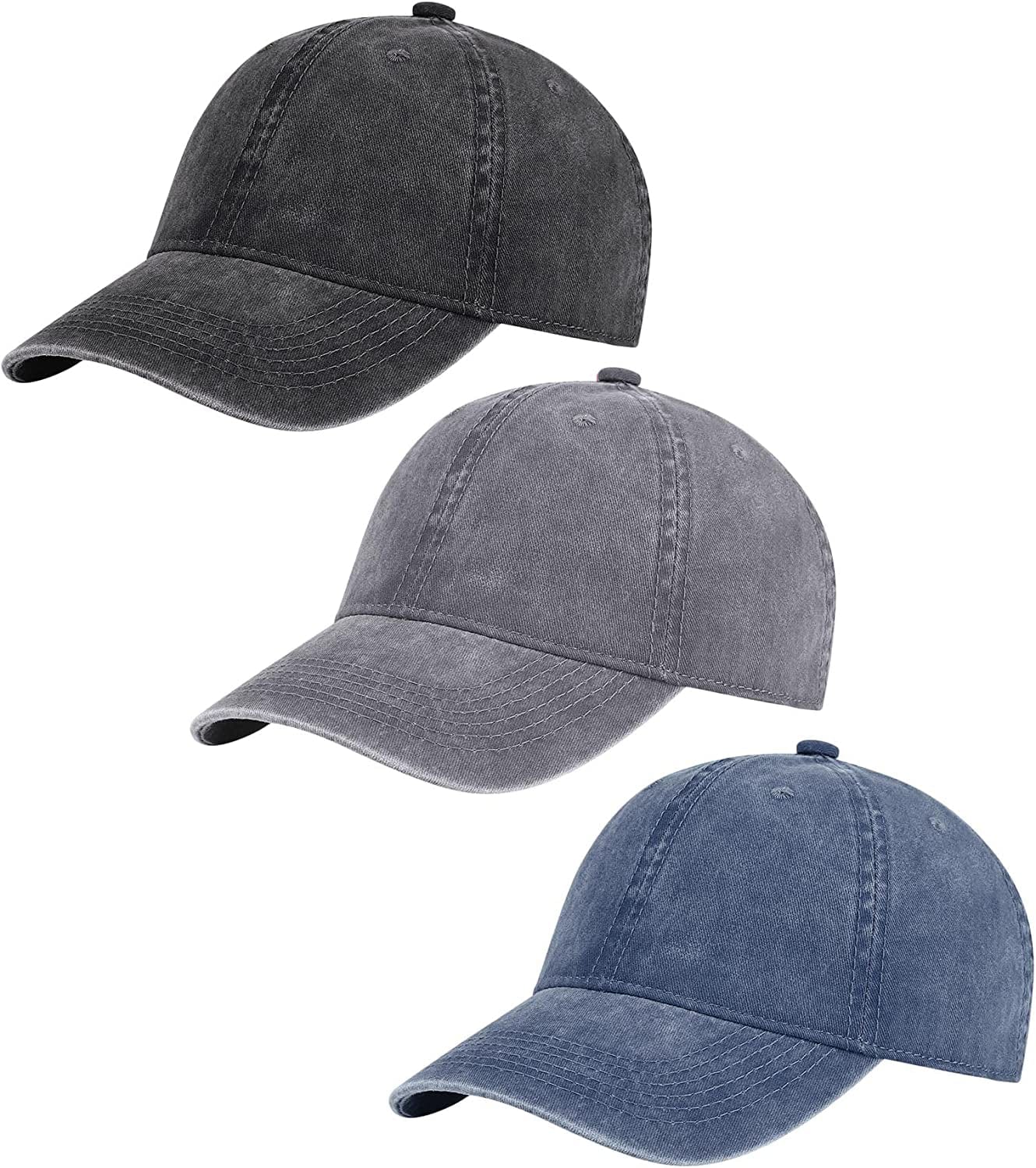 AOSMI 3 Pack Vintage Washed Cotton Adjustable Baseball Caps for Men Women Unstructured Low Profile Plain Classic Dad Hat Apparel & Accessories > Clothing Accessories > Hats AOSMI Black-grey-navy  
