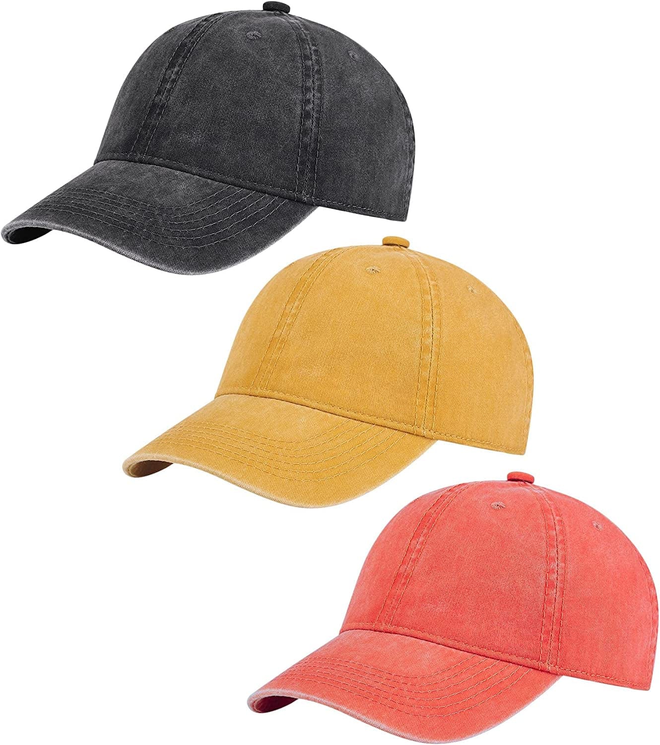 AOSMI 3 Pack Vintage Washed Cotton Adjustable Baseball Caps for Men Women Unstructured Low Profile Plain Classic Dad Hat Apparel & Accessories > Clothing Accessories > Hats AOSMI Black-orange-yellow  