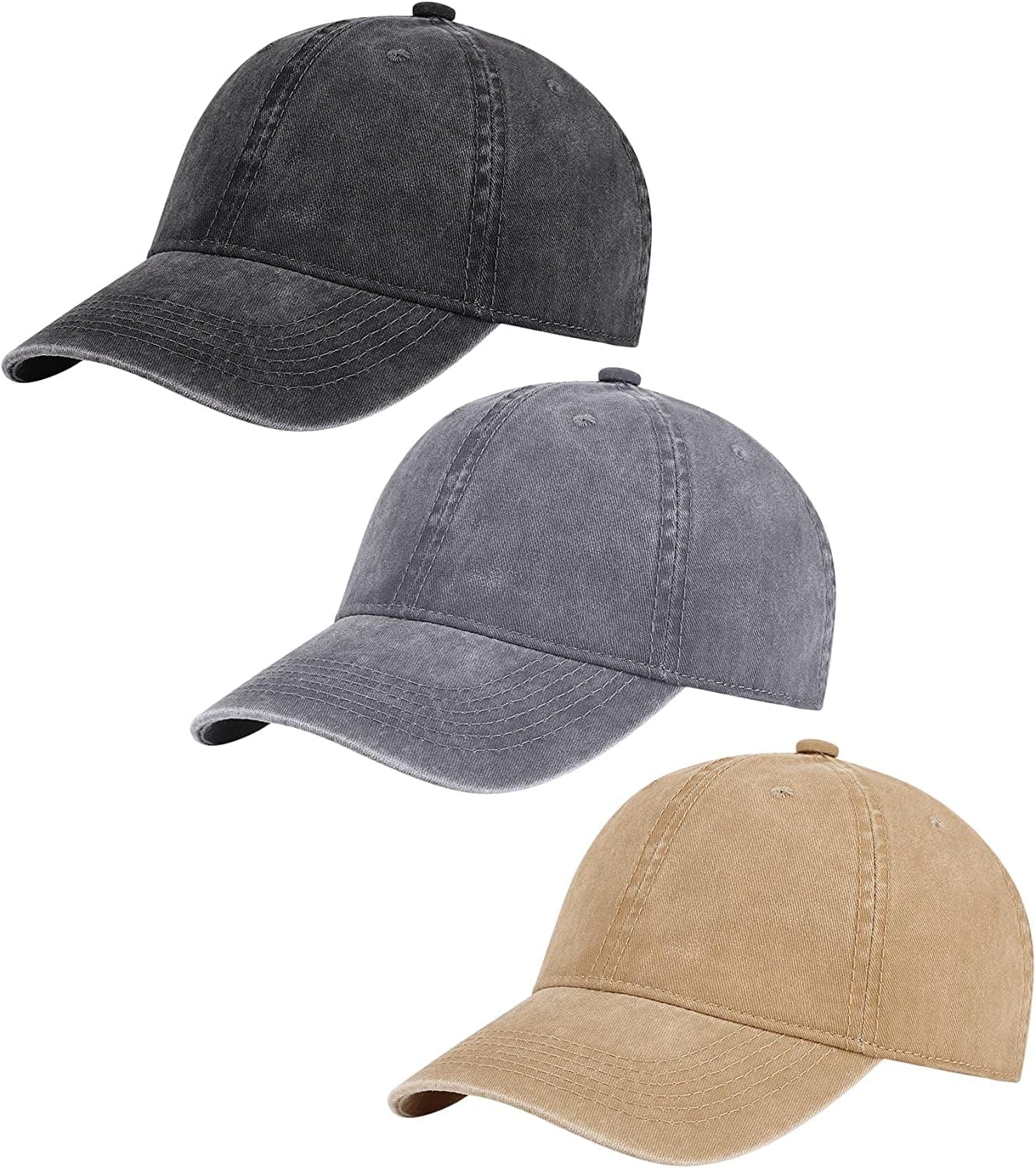 AOSMI 3 Pack Vintage Washed Cotton Adjustable Baseball Caps for Men Women Unstructured Low Profile Plain Classic Dad Hat Apparel & Accessories > Clothing Accessories > Hats AOSMI Black-khaki-grey  