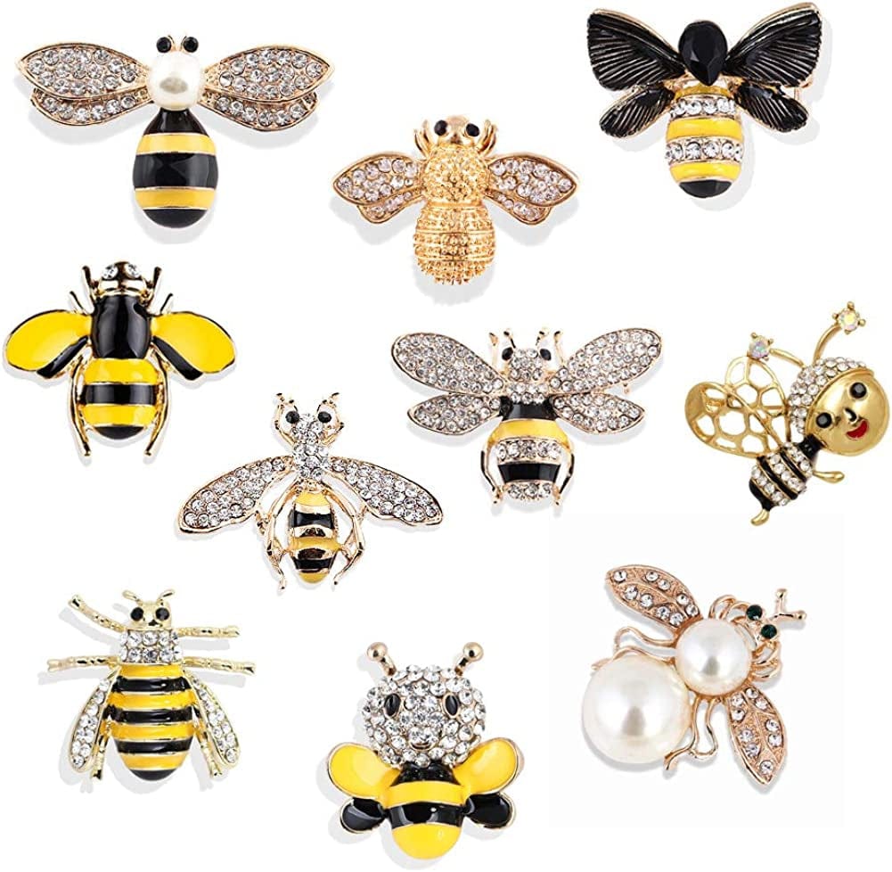 Apol Set of 10 Fashion Enamel Crystal Rhinestones Bee Themed Brooch Pin Jewelry Lapel Pins for Clothes Collar Dress Scarf Bag Decoration