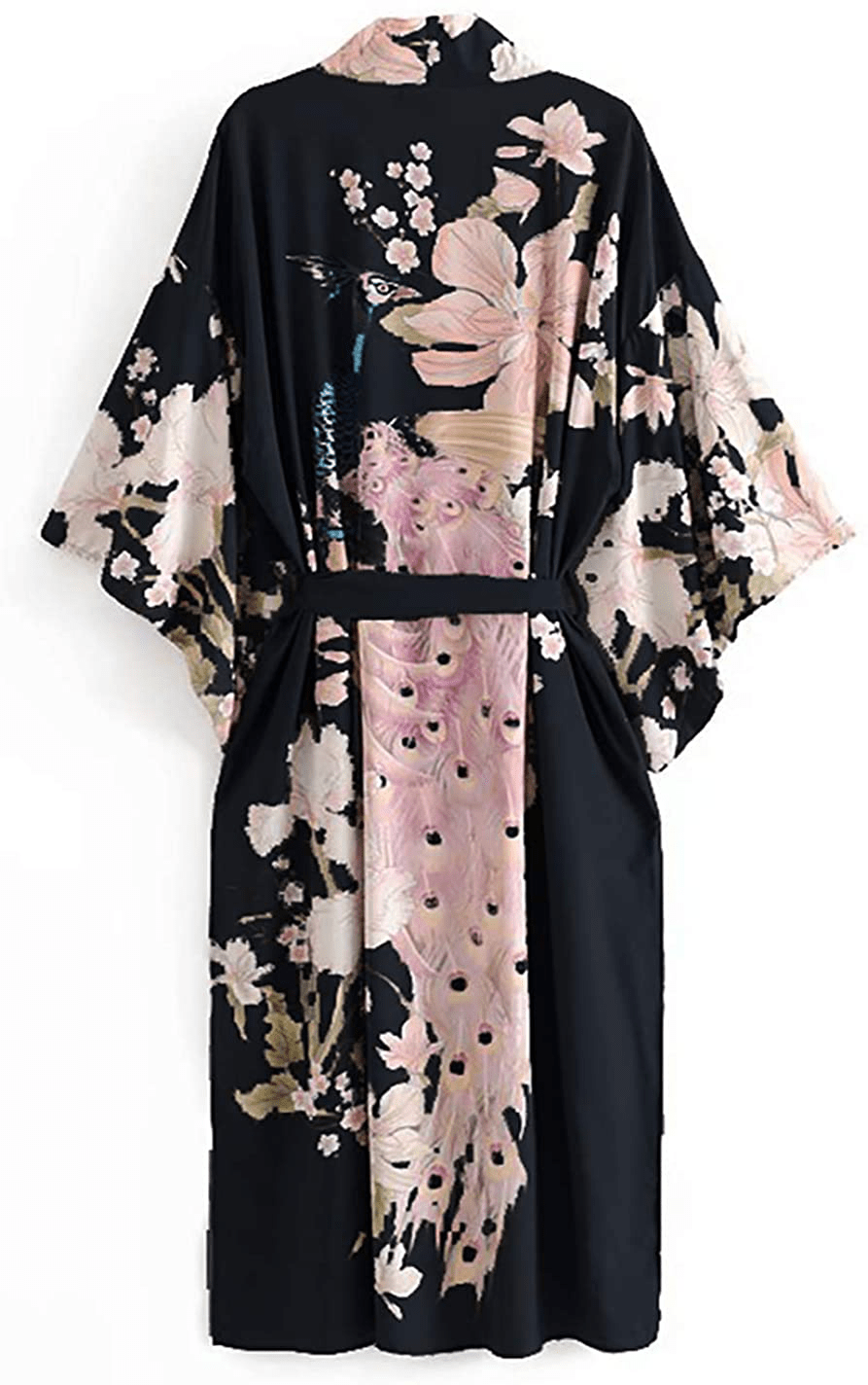 Applesauce - 838B - plus Size Women'S Kimono Long Robe - Boho Floral (One-Size Fits Most US 1X 2X 3X) Apparel & Accessories > Clothing > Sleepwear & Loungewear > Robes Applesauce Peacock - Onyx Black  