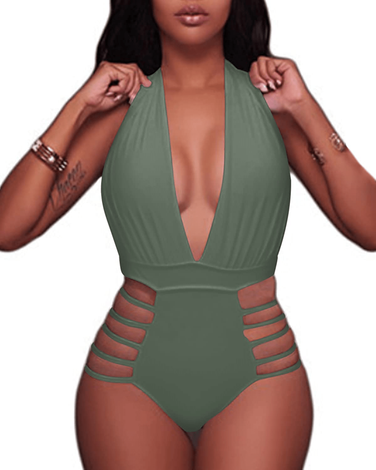 Aqua Eve Women Sexy One Piece Swimsuits Halter Plunge V Neck Cutout Bathing Suits Apparel & Accessories > Clothing > Swimwear Kylie Max   