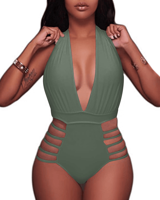 Aqua Eve Women Sexy One Piece Swimsuits Halter Plunge V Neck Cutout Bathing Suits Apparel & Accessories > Clothing > Swimwear Kylie Max   