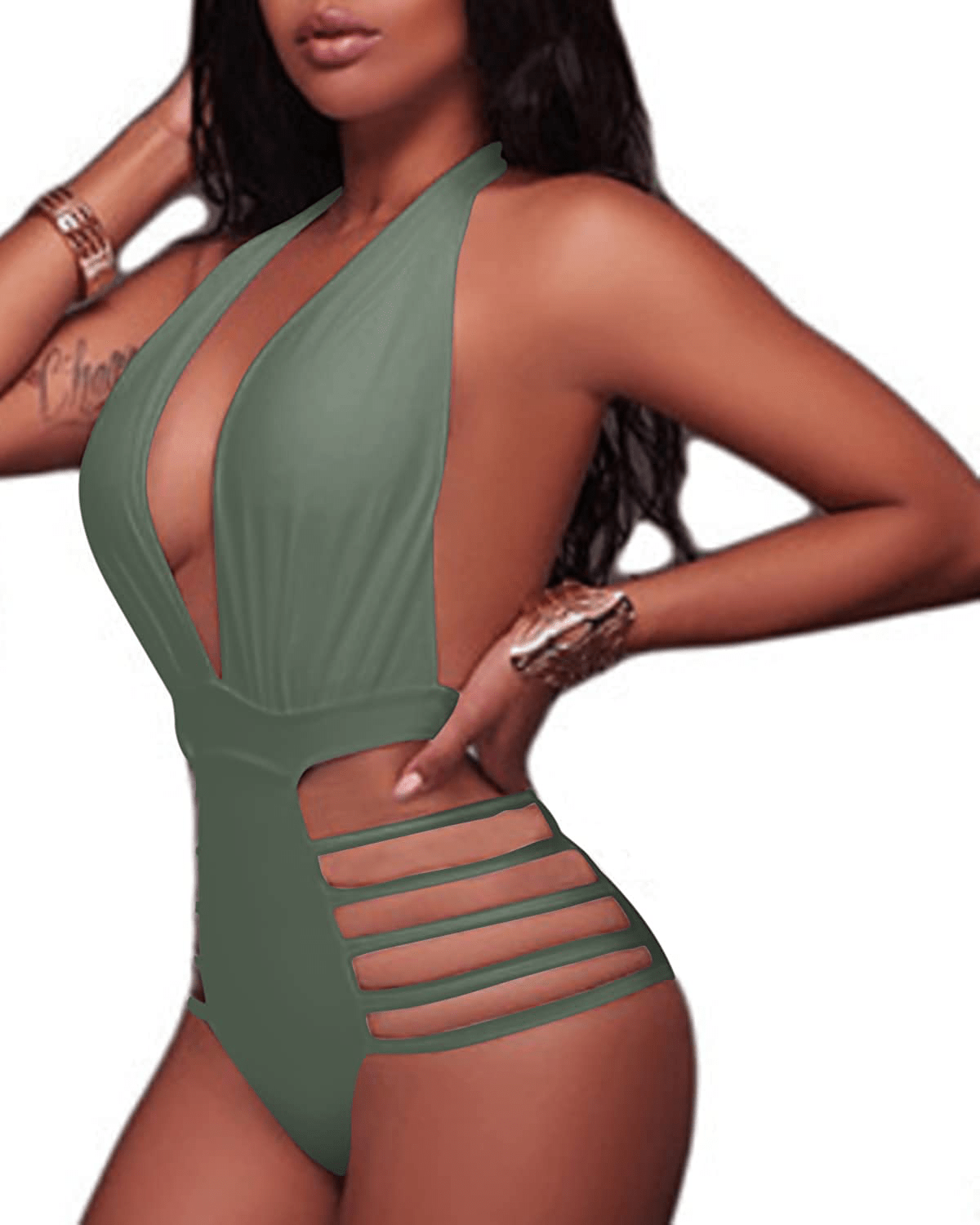 Aqua Eve Women Sexy One Piece Swimsuits Halter Plunge V Neck Cutout Bathing Suits Apparel & Accessories > Clothing > Swimwear Kylie Max   