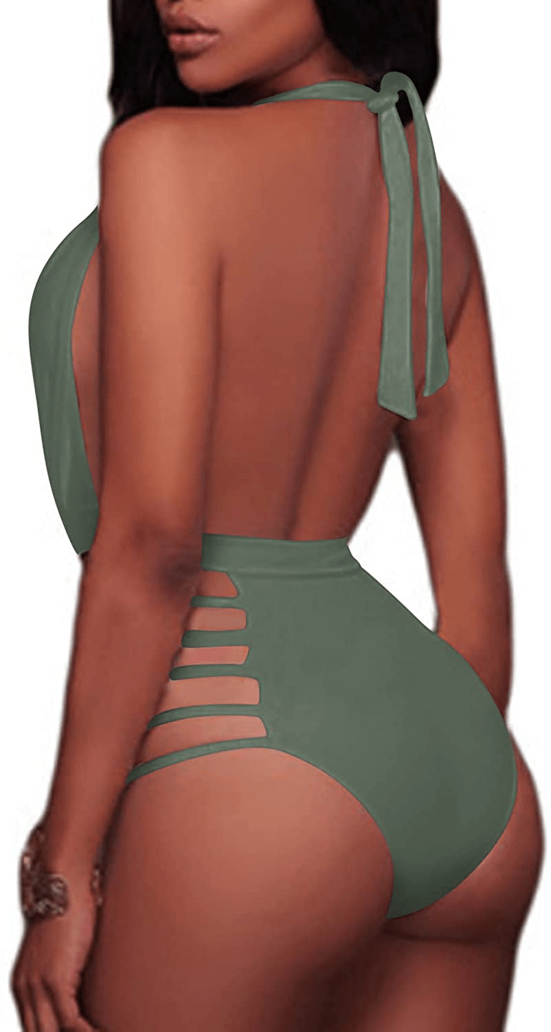 Aqua Eve Women Sexy One Piece Swimsuits Halter Plunge V Neck Cutout Bathing Suits Apparel & Accessories > Clothing > Swimwear Kylie Max   