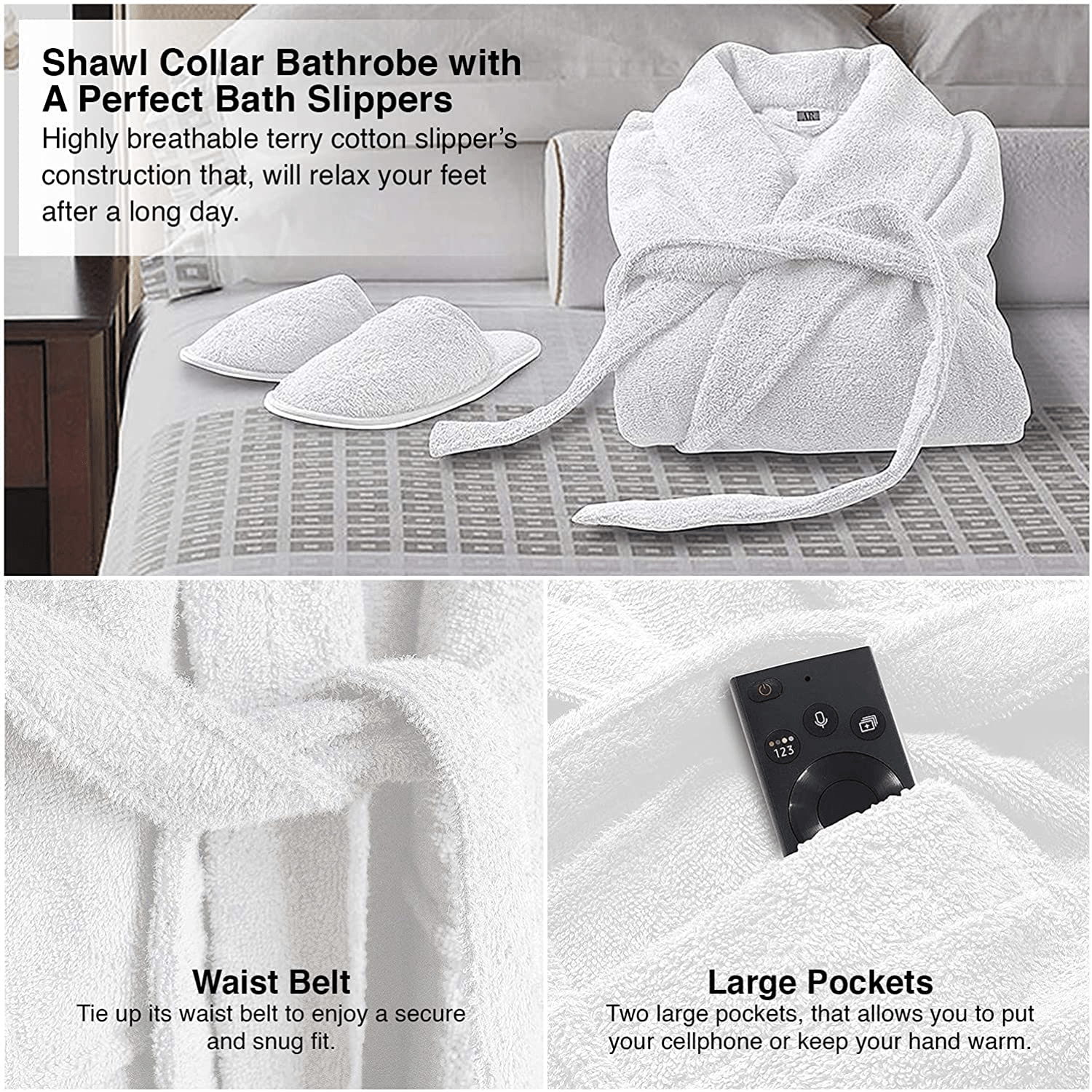 AR LINENS 100% Cotton Terry Bathrobe and Slipper Set Plush Terry Cloth Robe with Self-Tie Wrap Belt Absorbent Unisex Bathrobe Apparel & Accessories > Clothing > Sleepwear & Loungewear > Robes Kylie Max   