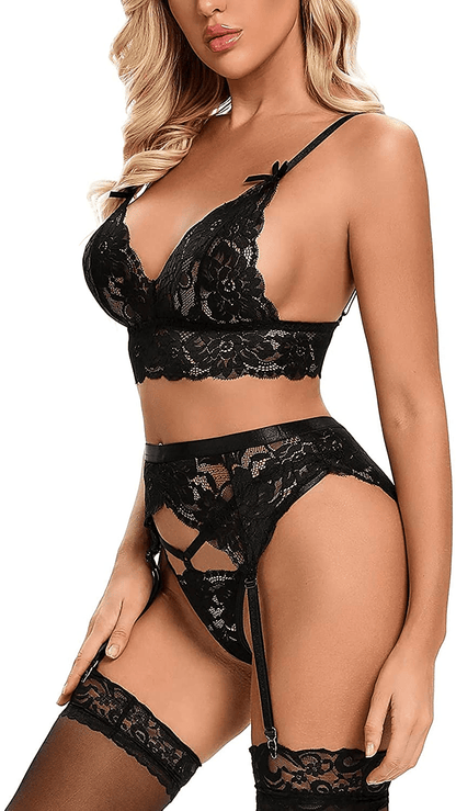Aranmei Garter Lingerie for Women Sexy 3 Piece Exotic Strappy Lingerie Set Lace Bra and Panty Sets Apparel & Accessories > Clothing > Underwear & Socks > Lingerie Aranmei   