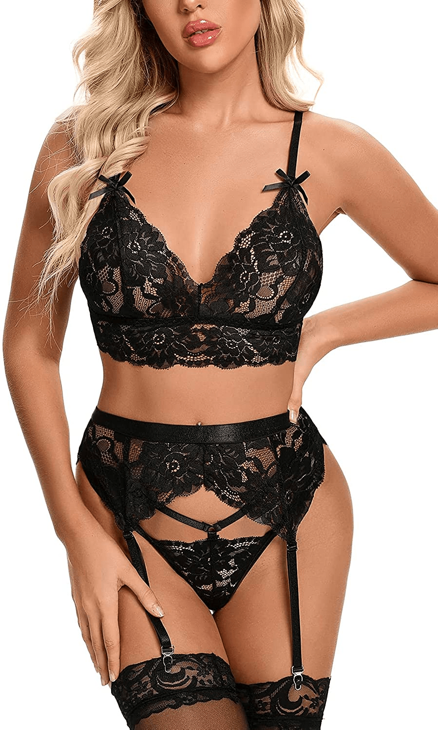 Aranmei Garter Lingerie for Women Sexy 3 Piece Exotic Strappy Lingerie Set Lace Bra and Panty Sets Apparel & Accessories > Clothing > Underwear & Socks > Lingerie Aranmei   