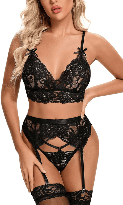 Aranmei Garter Lingerie for Women Sexy 3 Piece Exotic Strappy Lingerie Set Lace Bra and Panty Sets Apparel & Accessories > Clothing > Underwear & Socks > Lingerie Aranmei   
