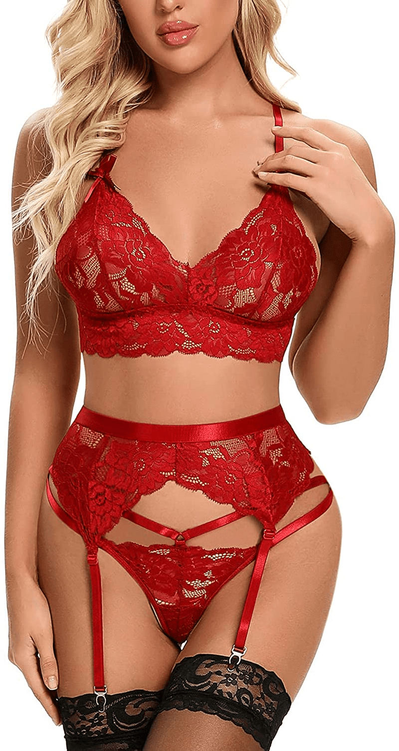 Aranmei Garter Lingerie for Women Sexy 3 Piece Exotic Strappy Lingerie Set Lace Bra and Panty Sets Apparel & Accessories > Clothing > Underwear & Socks > Lingerie Aranmei Wine Red Medium 