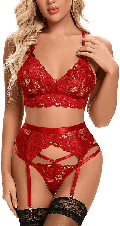 Aranmei Garter Lingerie for Women Sexy 3 Piece Exotic Strappy Lingerie Set Lace Bra and Panty Sets Apparel & Accessories > Clothing > Underwear & Socks > Lingerie Aranmei Wine Red Medium 