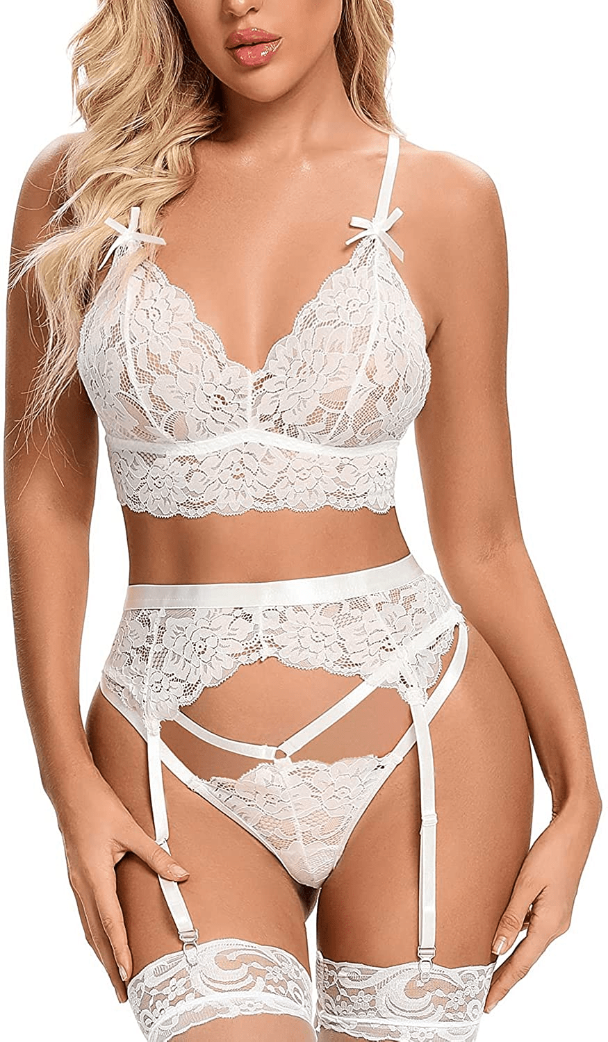 Aranmei Garter Lingerie for Women Sexy 3 Piece Exotic Strappy Lingerie Set Lace Bra and Panty Sets Apparel & Accessories > Clothing > Underwear & Socks > Lingerie Aranmei White X-Large 
