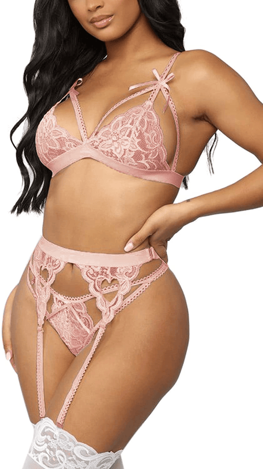 Aranmei Lingerie for Women 4 Piece Lingerie Set with Garter Belt and Stockings Bra and Panty Sets Sexy Lace Bodydoll Lingerie Apparel & Accessories > Clothing > Underwear & Socks > Lingerie Aranmei Blush Small 