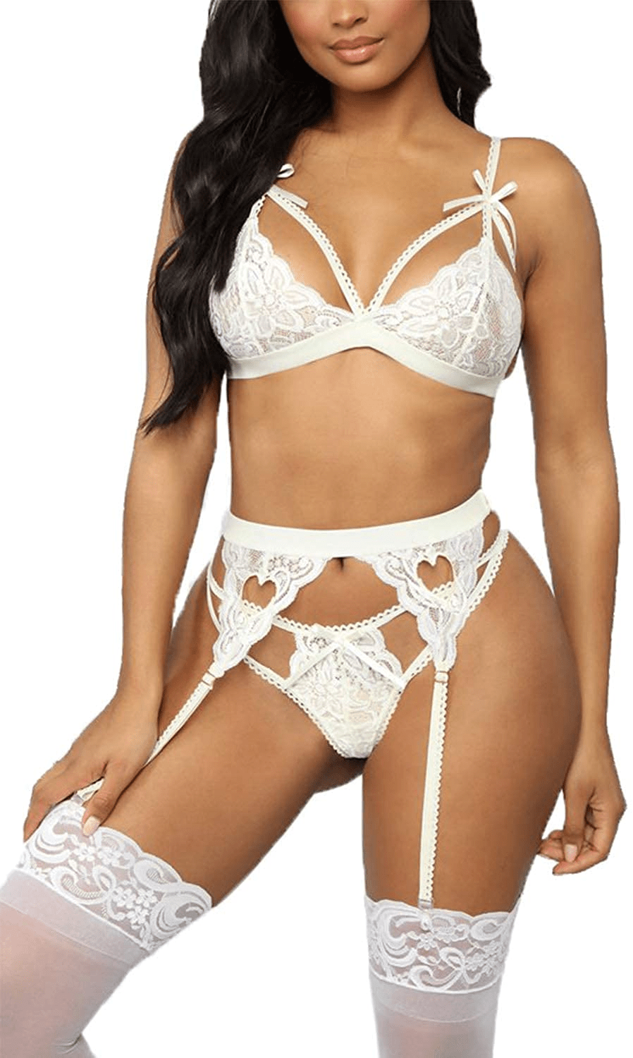 Aranmei Lingerie for Women 4 Piece Lingerie Set with Garter Belt and Stockings Bra and Panty Sets Sexy Lace Bodydoll Lingerie Apparel & Accessories > Clothing > Underwear & Socks > Lingerie Aranmei White Medium 