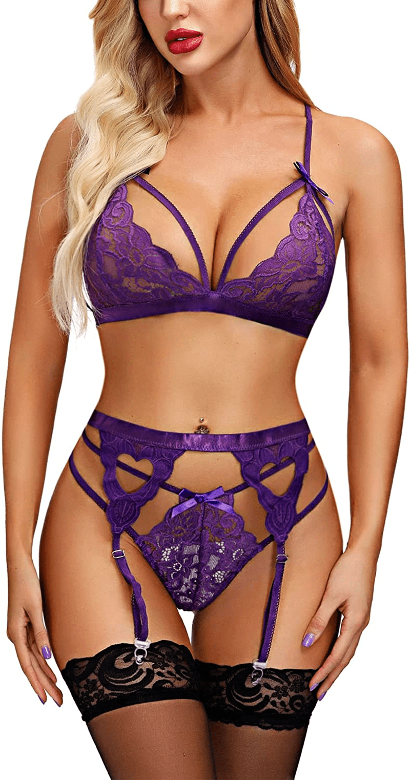 Aranmei Lingerie for Women 4 Piece Lingerie Set with Garter Belt and Stockings Bra and Panty Sets Sexy Lace Bodydoll Lingerie Apparel & Accessories > Clothing > Underwear & Socks > Lingerie Aranmei   