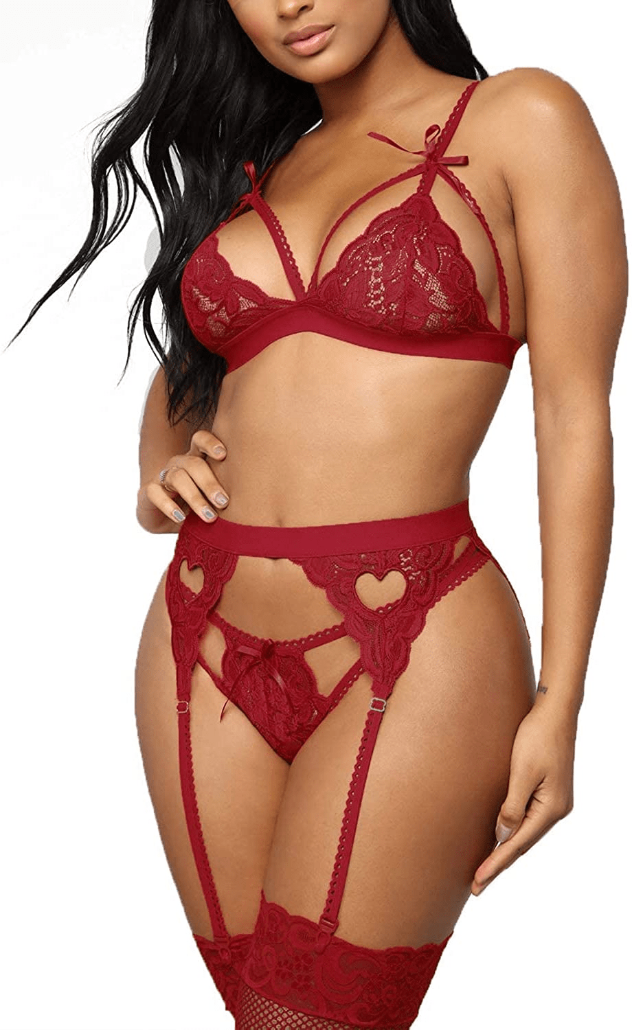 Aranmei Lingerie for Women 4 Piece Lingerie Set with Garter Belt and Stockings Bra and Panty Sets Sexy Lace Bodydoll Lingerie Apparel & Accessories > Clothing > Underwear & Socks > Lingerie Aranmei Wine Red Medium 