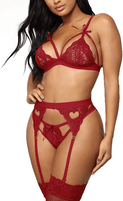 Aranmei Lingerie for Women 4 Piece Lingerie Set with Garter Belt and Stockings Bra and Panty Sets Sexy Lace Bodydoll Lingerie Apparel & Accessories > Clothing > Underwear & Socks > Lingerie Aranmei Wine Red Medium 