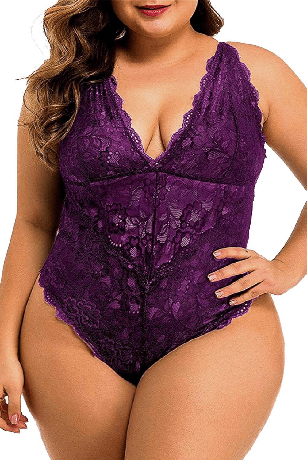 Aranmei Women Sexy Plus Size Hollow Out Floral Lace Bodysuit Deep V Snap Crotch Teddy Lingerie Apparel & Accessories > Clothing > Underwear & Socks > Lingerie Aranmei Purple 3X-Large 