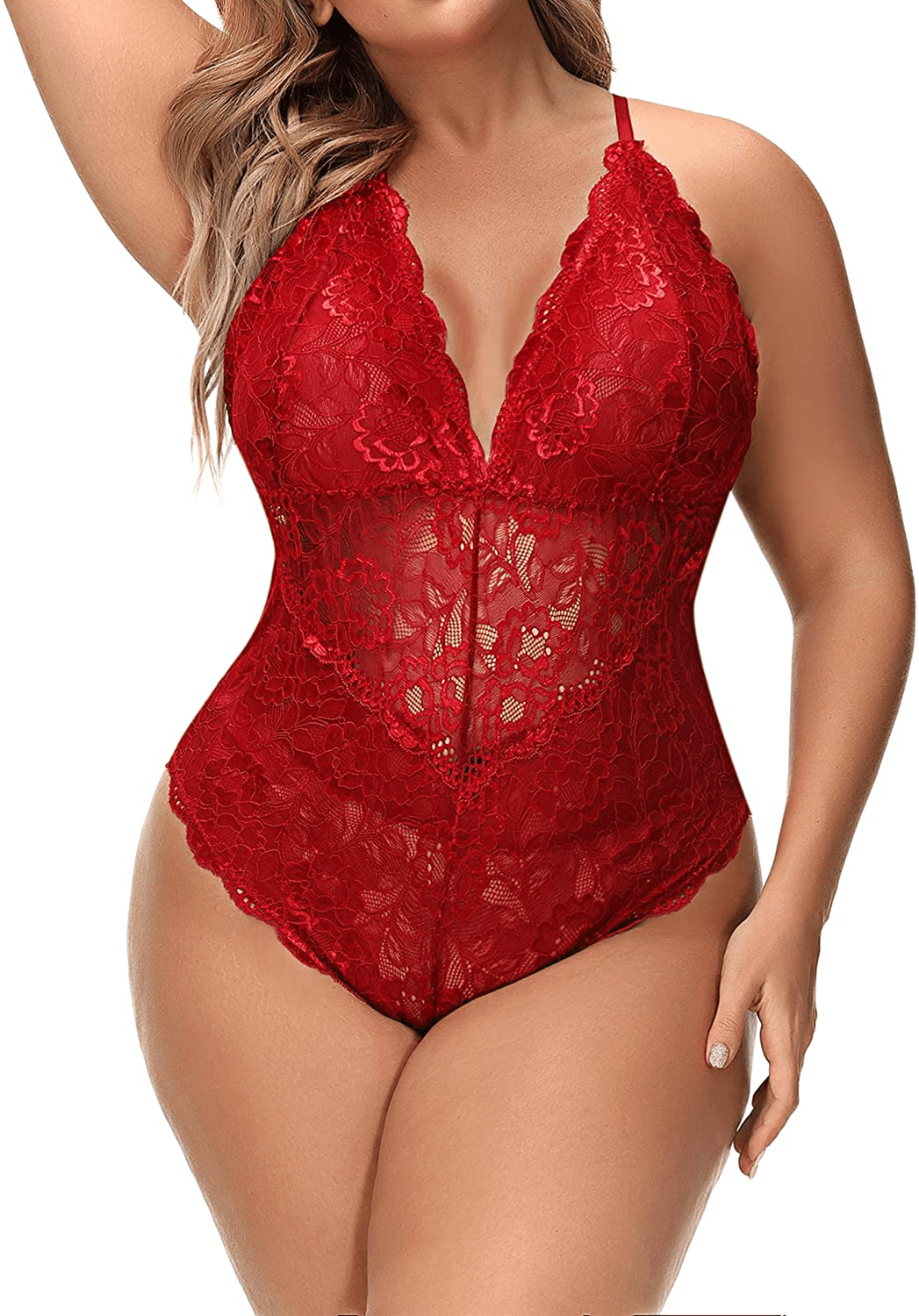 Aranmei Women Sexy Plus Size Hollow Out Floral Lace Bodysuit Deep V Snap Crotch Teddy Lingerie Apparel & Accessories > Clothing > Underwear & Socks > Lingerie Aranmei Wine Red 3X-Large 