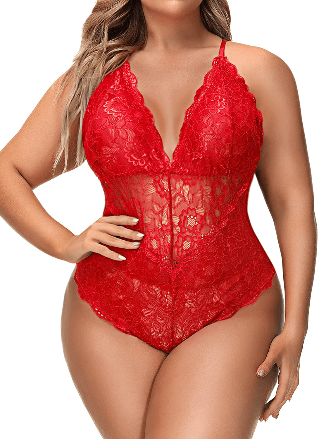 Aranmei Women Sexy Plus Size Hollow Out Floral Lace Bodysuit Deep V Snap Crotch Teddy Lingerie Apparel & Accessories > Clothing > Underwear & Socks > Lingerie Aranmei Red XX-Large 