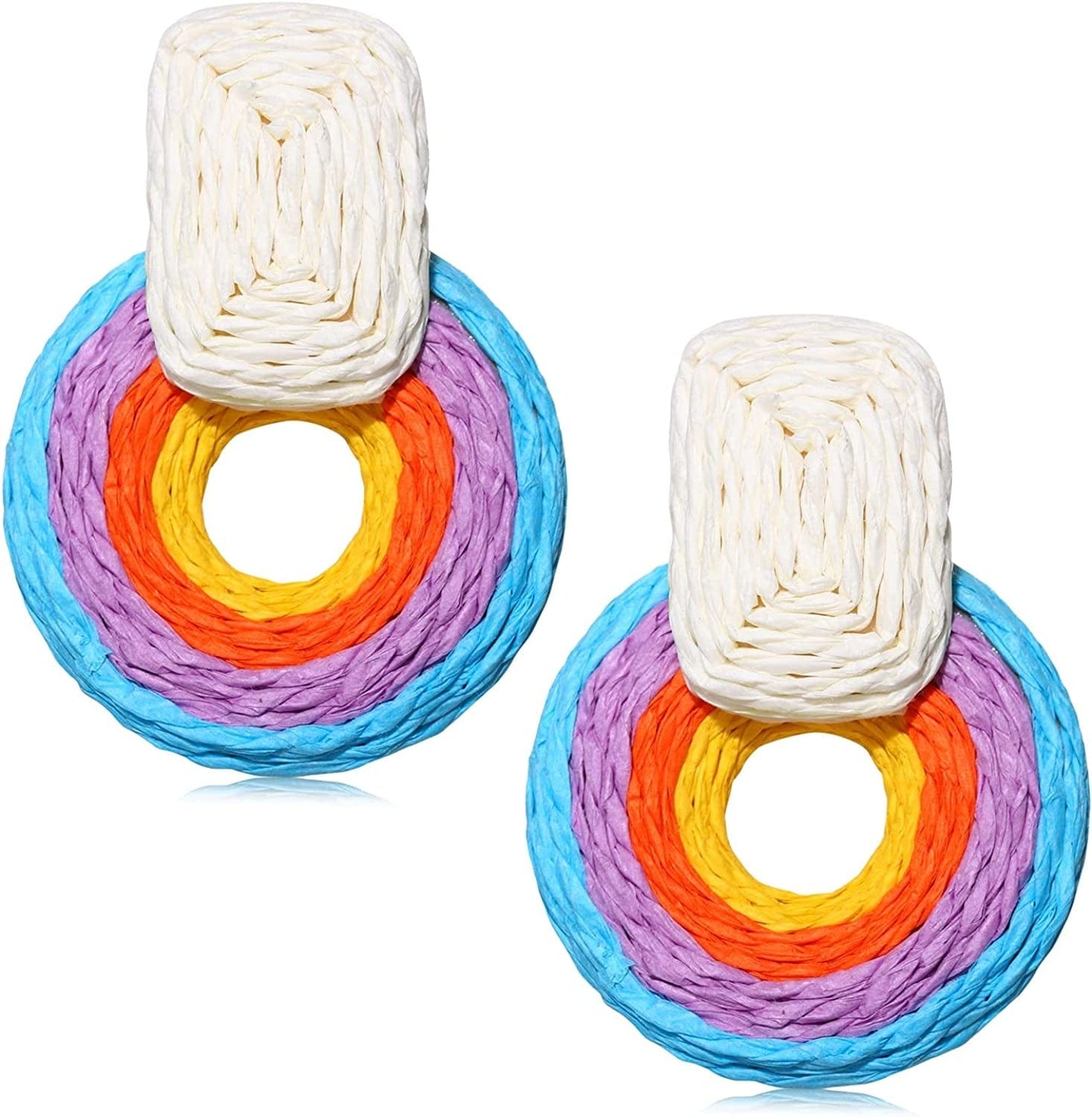 ARATLENCH Rattan Woven Dangling Earrings Handmade Straw Dangle Drop Earrings Boho Summer Beach Statement Circle Ball Hoop Earrings for Women round C